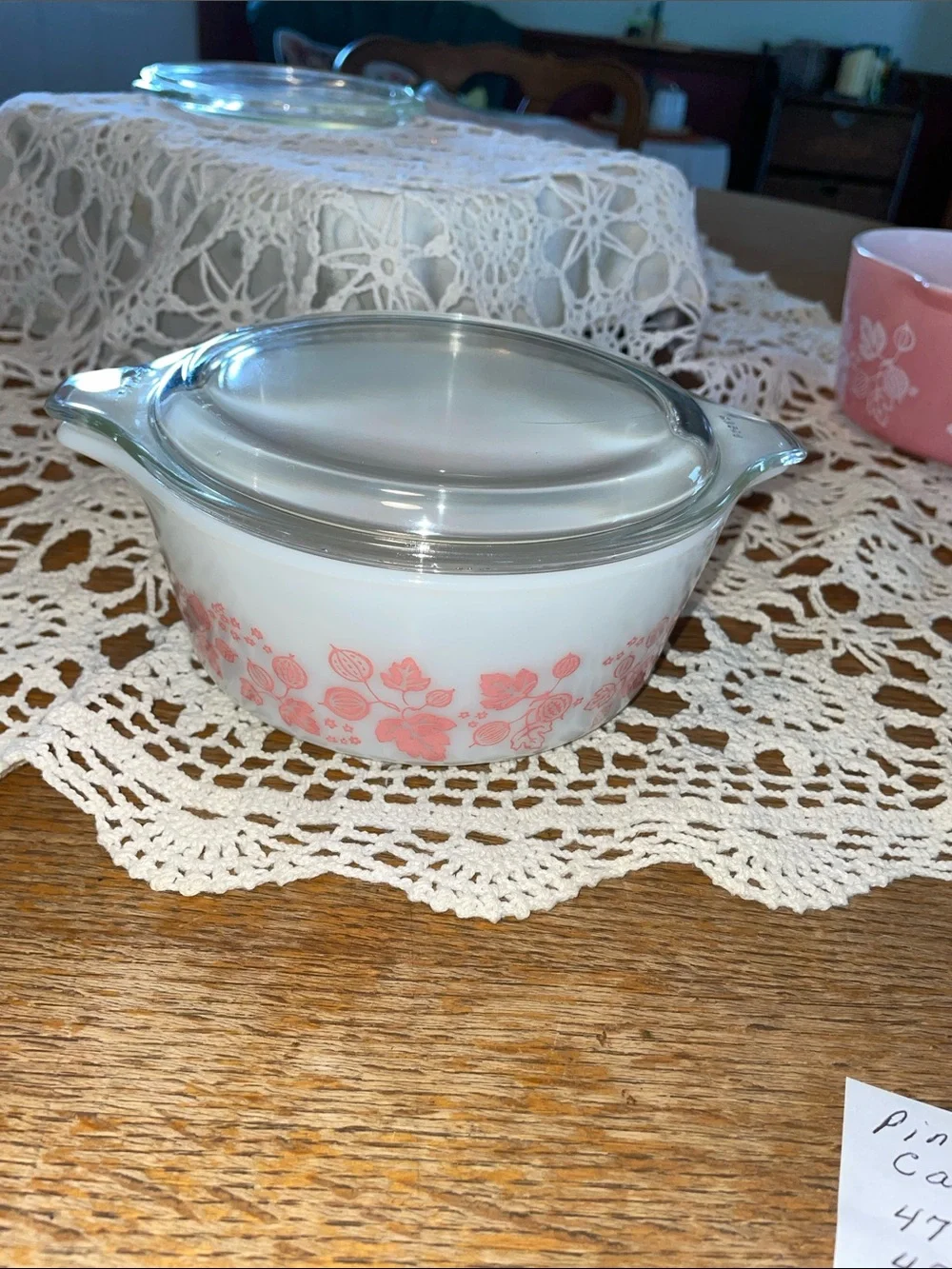 Pyrex White Milk Glass Casserole with Pink Gooseberry Cinderella pattern.
